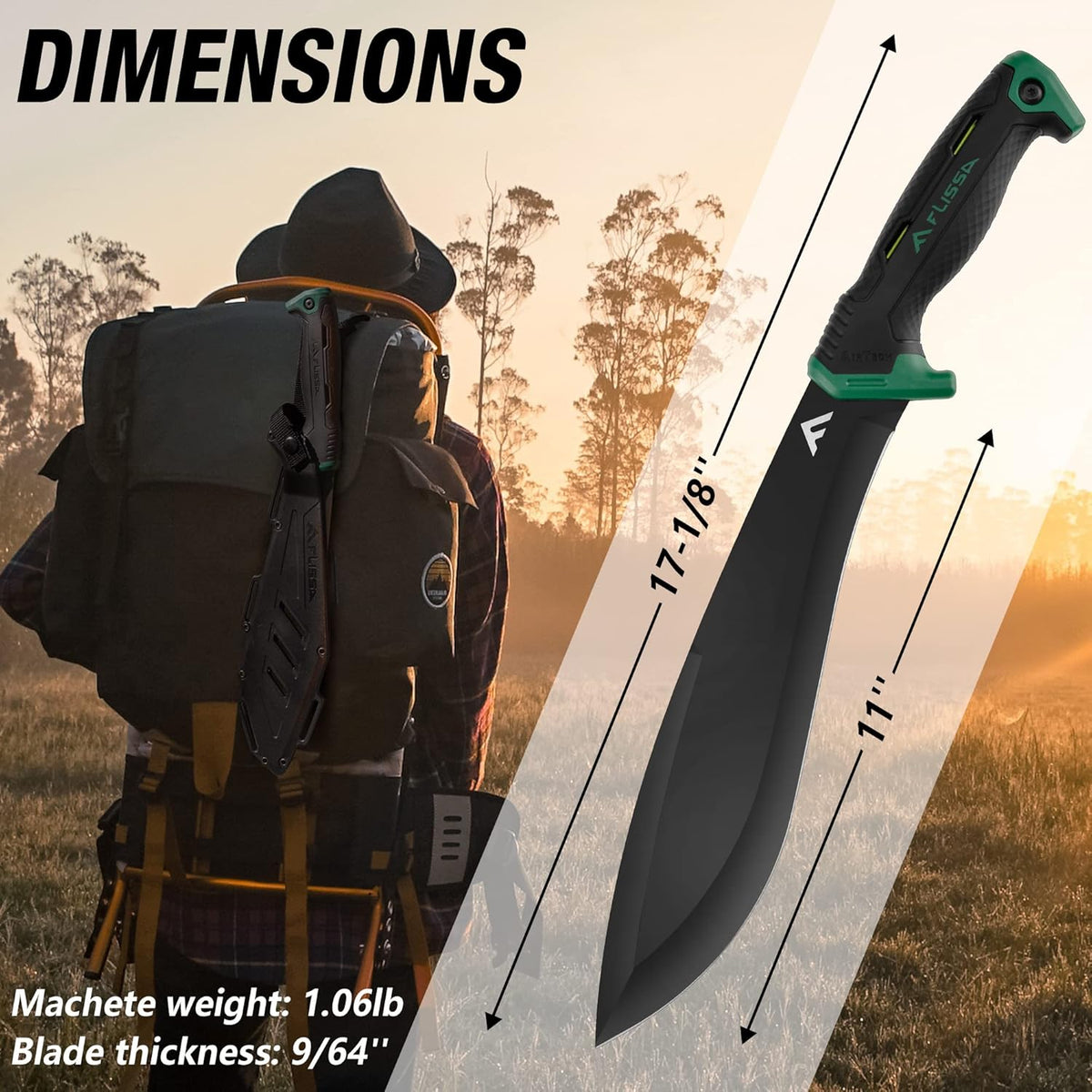 FLISSA Machete, 11'' Fixed Blade Camp Knife, Bolo Machete for Clearing Brush, Patented Shock