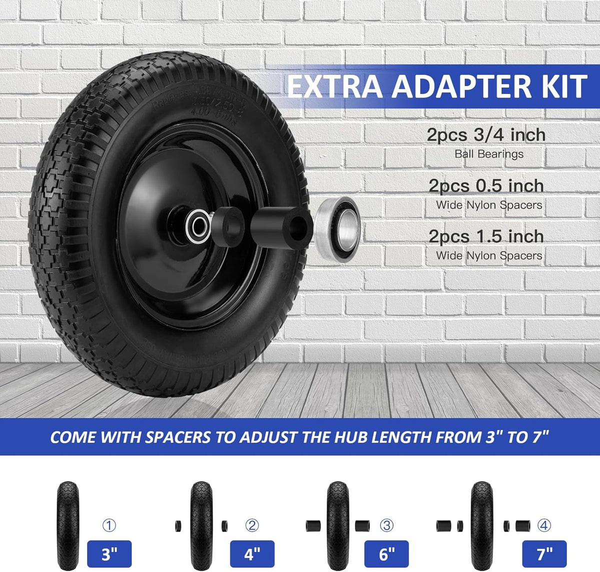 4.80/4.00-8" Flat Free Tire and Wheel 14.5" Wheelbarrow Tire,with 5/8" Axle Bore Hole,3"Center Hub