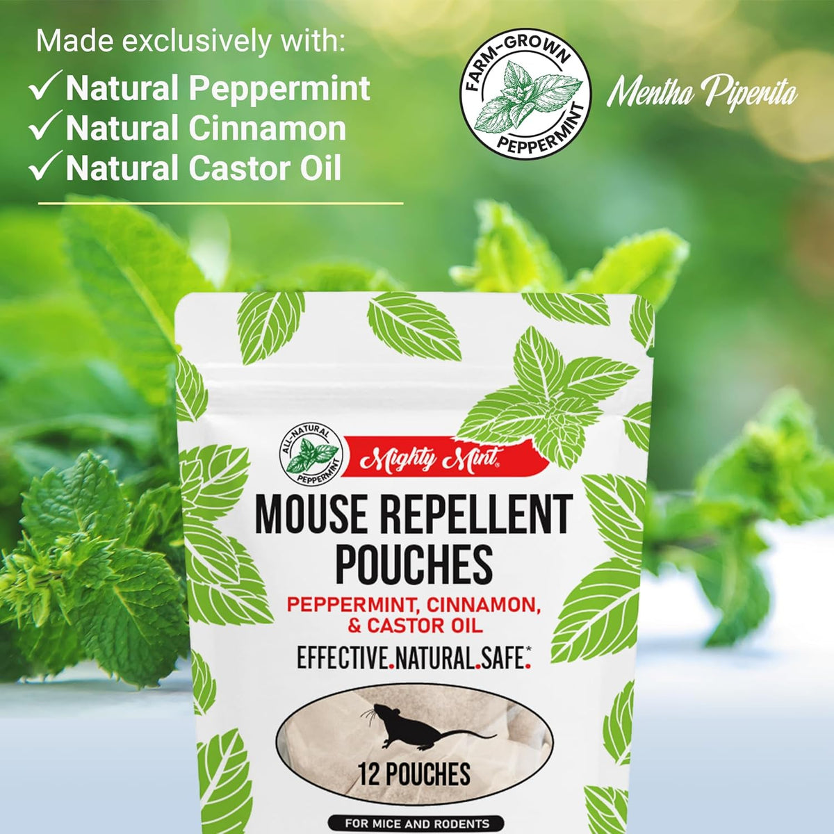 Mighty Mint Mouse Repellent Pouches – Peppermint, Castor Oil & Cinnamon Formula – Natural Indoor