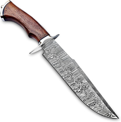 Handmade Damascus Bowie Knife 14″ Hunting Knife With Sheath - Fixed Blade Bushcraft Knife With Wood