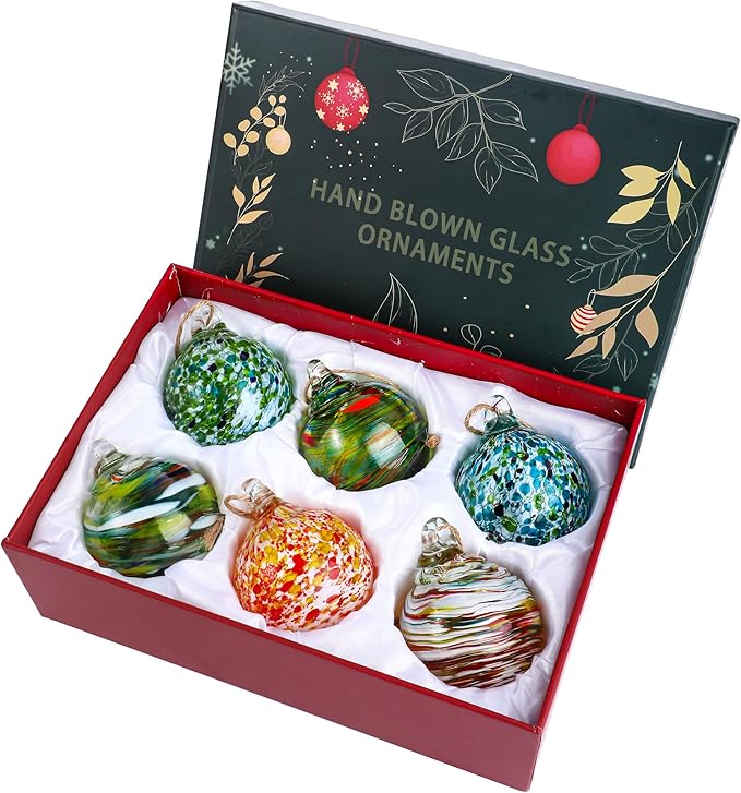6 Pcs Blown Glass Ornaments Balls, 2.3inch Hand Blown Glass Christmas Ornaments for Tree, Hanging