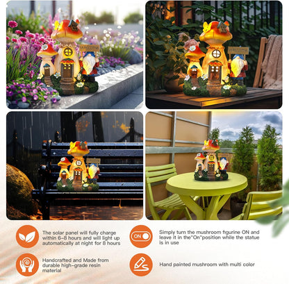 Json Solar Garden Statue Lights Mushroom Fairy House Figurine, Outdoor Memorial Garden Ornaments