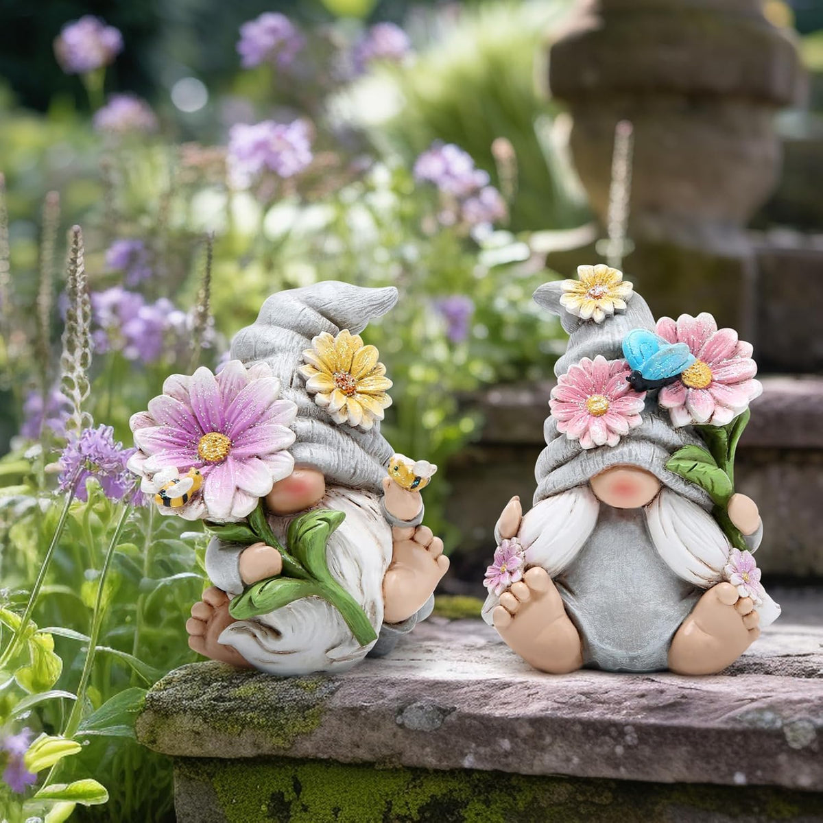 Hodao Set of 2 Spring Gnome Decorations Flower Gnomes Ornaments Decor Summer Outdoor Figurines