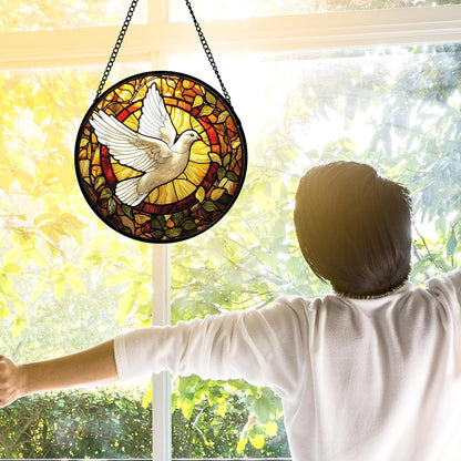 Stained Glass Window Hanging, Flying White Dove Sun Catchers Diamond Glass Panel Hangings Cute