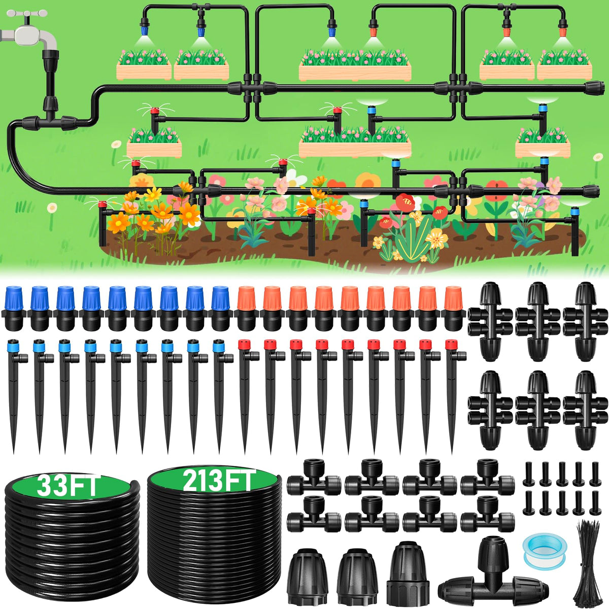 246FT Drip Irrigation System, Automatic Drip Irrigation Kit with 1/2" Main Tube & 1/4" Branch