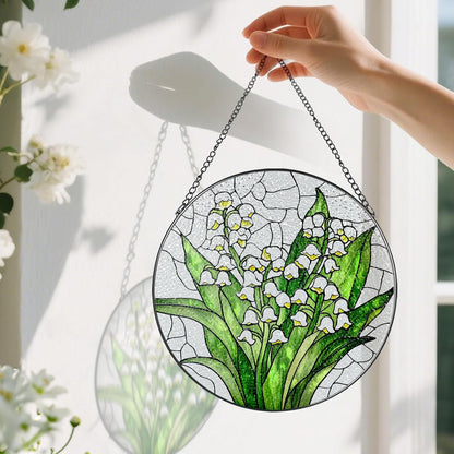 Lily of The Valley Flower Stained Glass Suncatcher, Stained Glass Window Hanging, 8 Inch Green