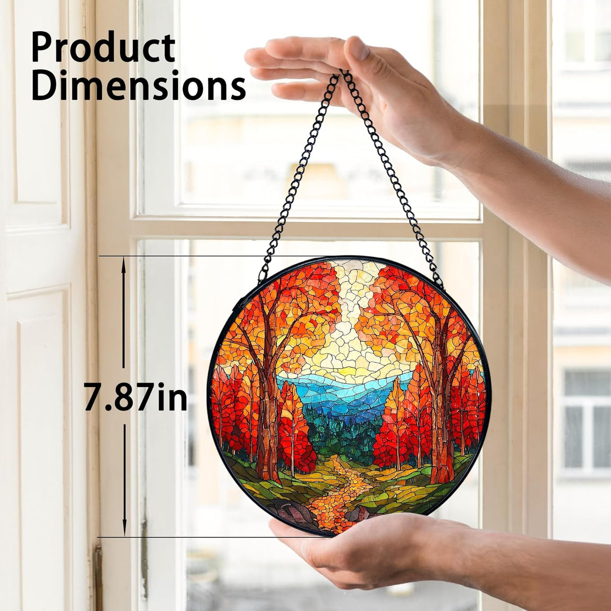 TNUW Fall Forest Stained Glass Window Hanging, Rustic Autumn Landscape Sun Catchers Indoor Window