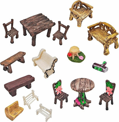 Miniature Garden Furniture Set - 14-Piece Resin Miniature Table and Chairs Set for Outdoor Decor