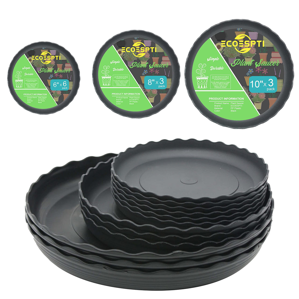 ECOESPTI 12Pcs Plant Saucer, 6 8 10 Inch Durable Plastic Plant Tray, Black Round Plant Pot Saucers