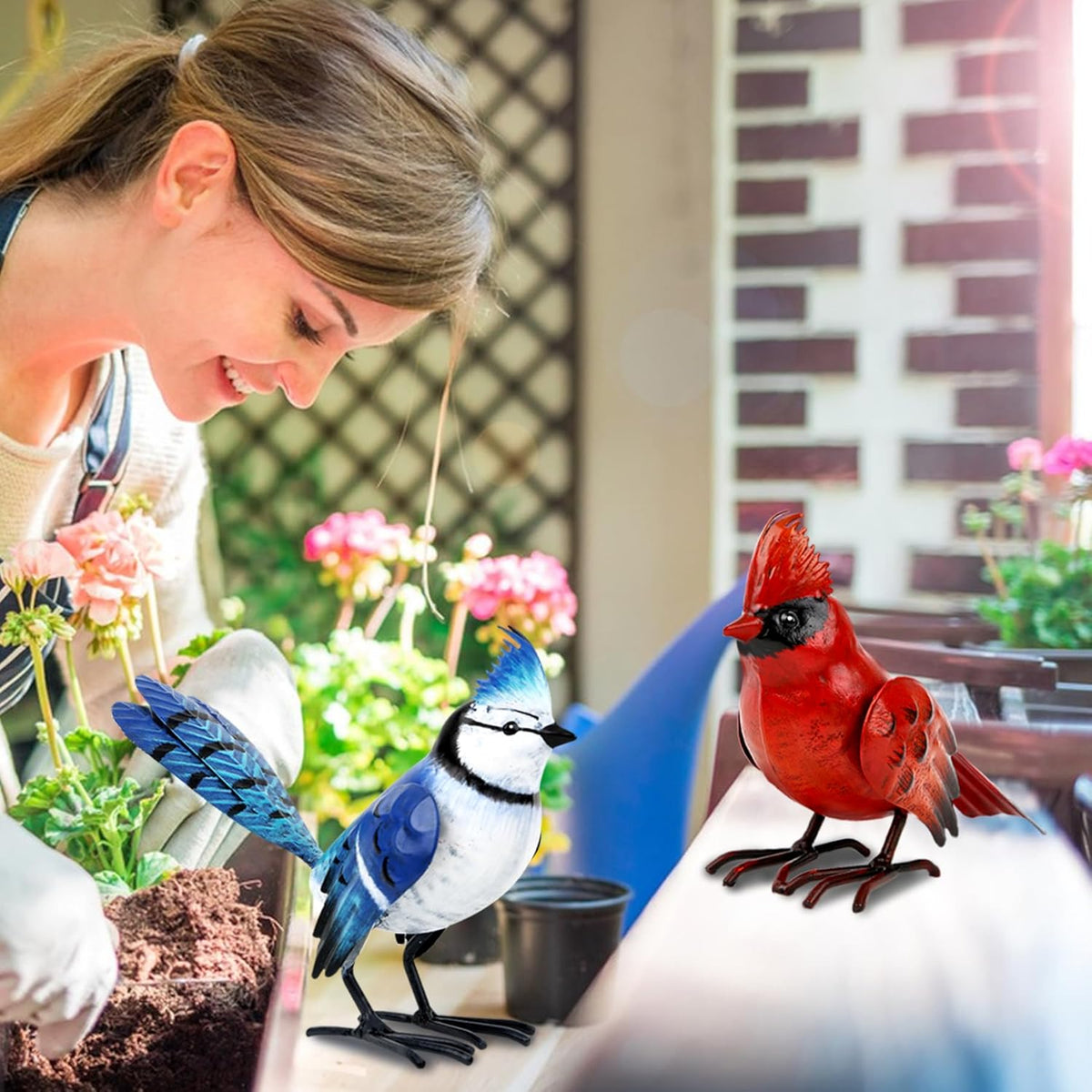 Shorayn Cardinal Decor Garden Statues Metal Bird Yard Art Sculptures,Standing Blue Jay Figurine