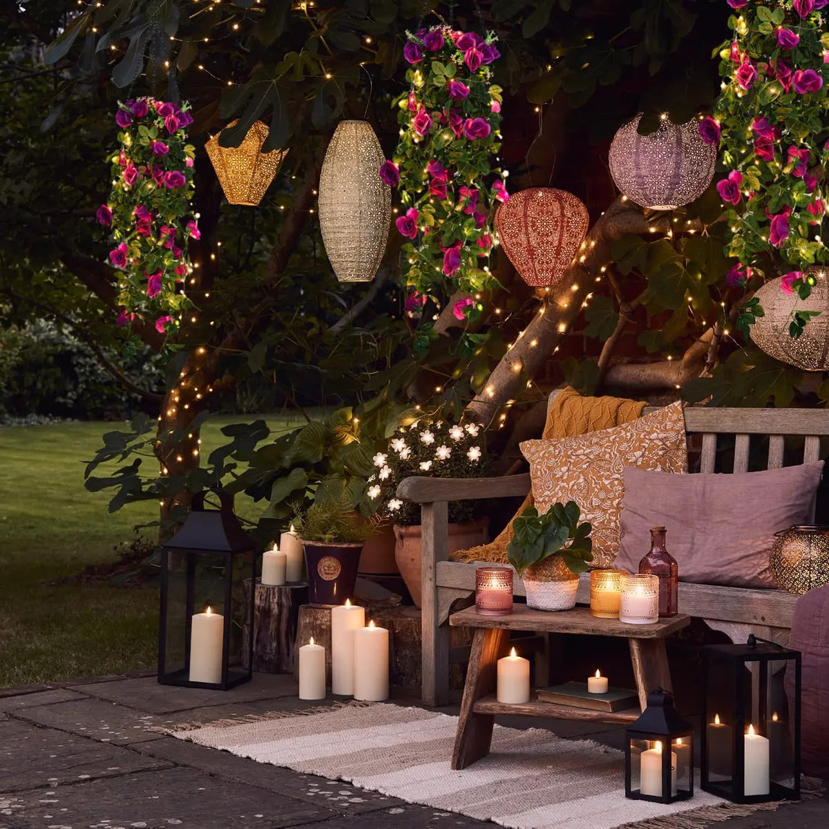 RECUTMS Artificial Hanging Rose Flower 2PCS 3.3Ft Flowers for Outdoors with 30 LED Fairy String