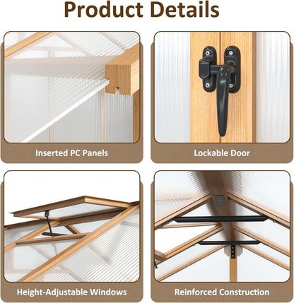 6x12 FT Wooden Greenhouse for Outdoors, Walk-in Greenhouse with 6MM Thick Polycarbonate Panel and