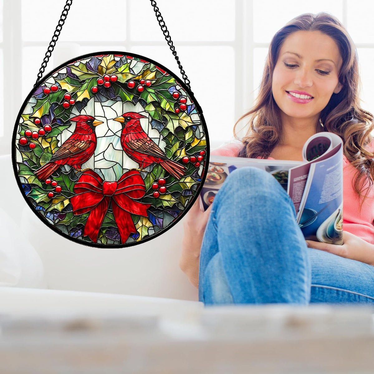 Stained Glass Window Hanging - Cardinals Green Wreath Suncatcher for Doors Home Christmas