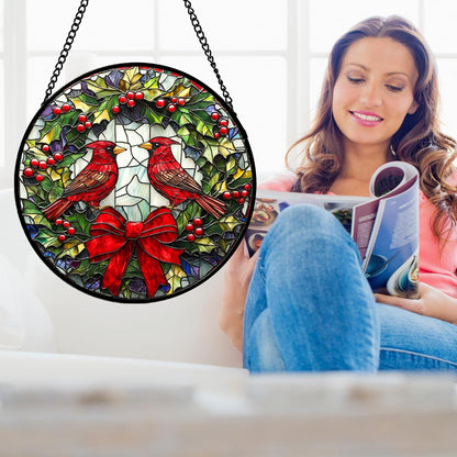 Stained Glass Window Hanging - Cardinals Green Wreath Suncatcher for Doors Home Christmas