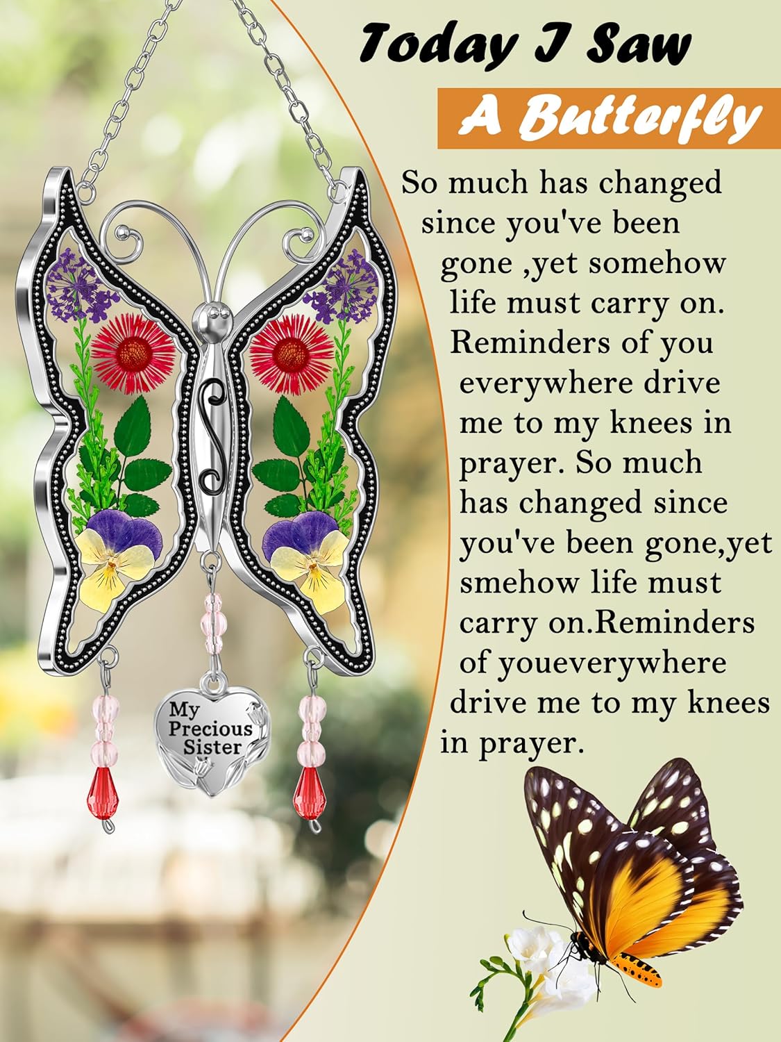 KY&BOSAM Butterfly Suncatcher Stained Glass Window Hanging Wind Chime with Real Flower Wings and