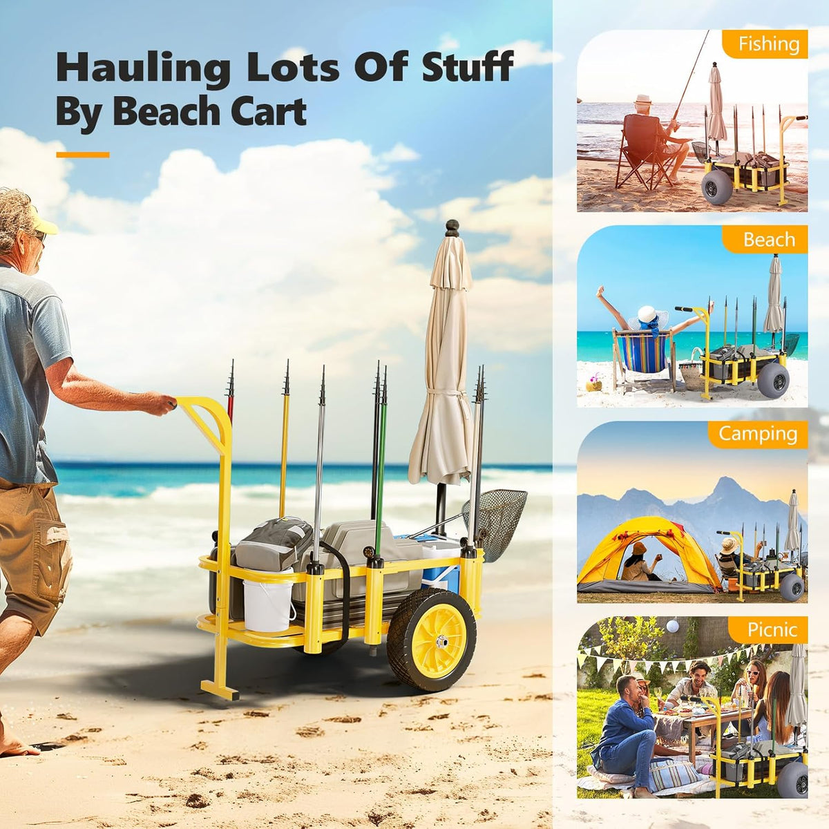 Bonnlo Beach Fishing Cart, Beach Wagon Trolley with 12" Big No-Flat Airless Tires, Foldable Beach