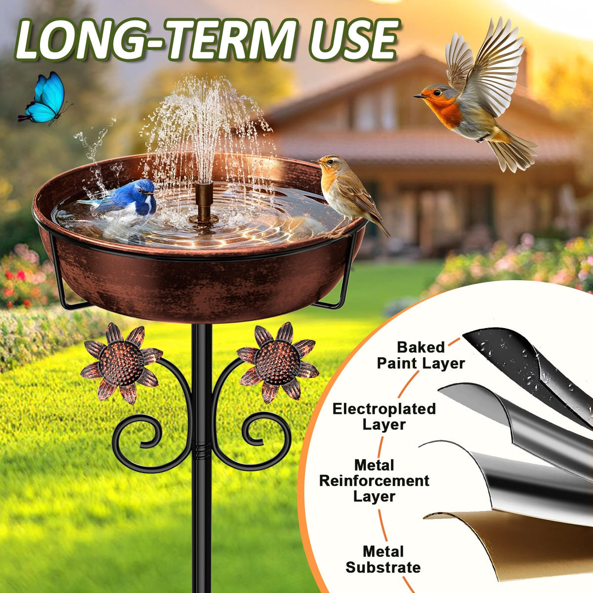 3" Deep Metal Bird Bath for Outside, Removable 12" Dia Vintage Bird Baths Bowl for Outdoors with