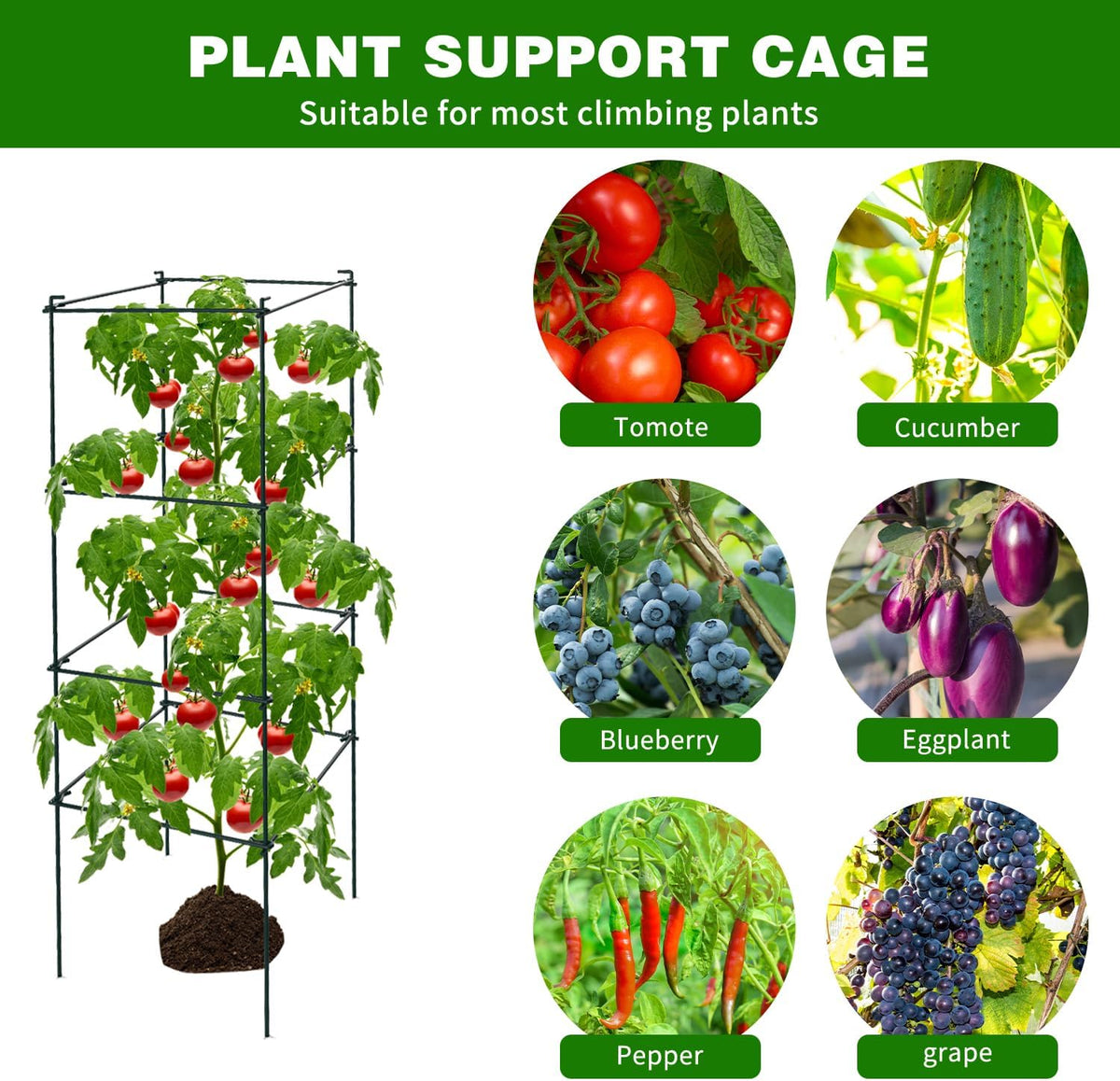 6 Packs Tomato Cages for Garden, 12"×12"×39" Plant Support Cage with Different Spacing, Green Metal