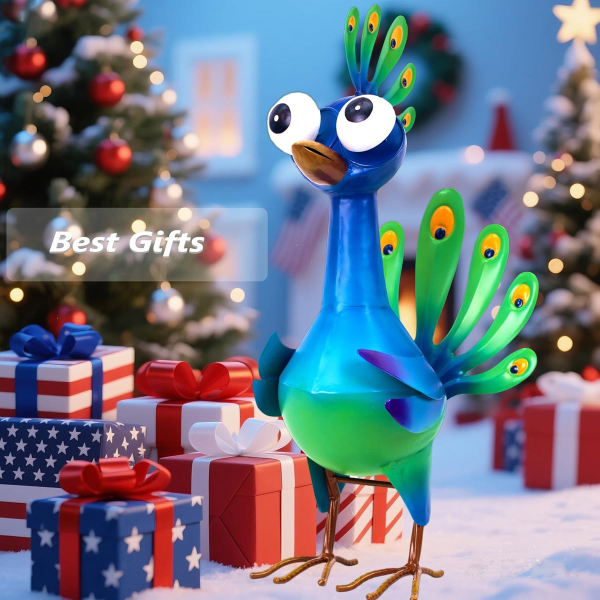 Metal Peacock Statue Garden Decor Cartoon Peacock with Bobbling Eyes Yard Art Lawn Patio Decoration
