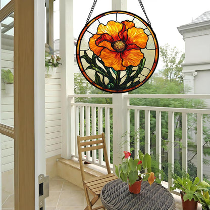 Stained Glass Window Hanging - Orange Poppy Birth Flower Suncatcher for Door Garden Yard Retro Sun