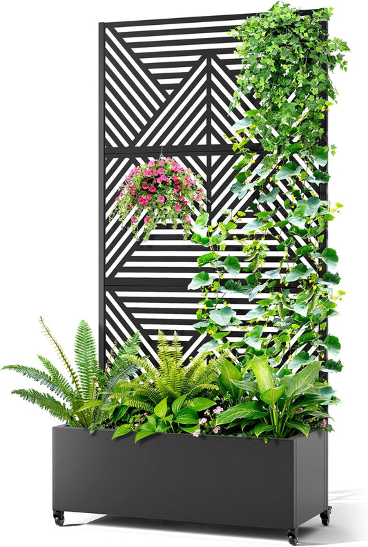 Metal Raised Garden Bed with Trellis, 2-in-1 Planter Box & Privacy Screen for Climbing Plants