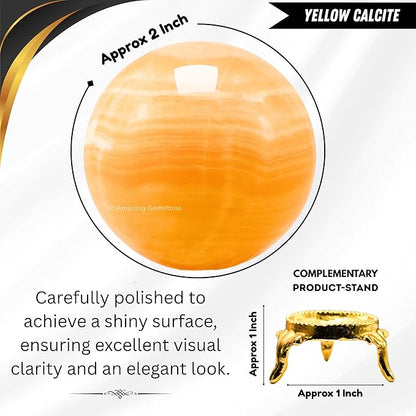 Amazing Gemstone Yellow Calcite Banded Crystal Ball with Stand - 2 Inches Crystal Sphere Meditation