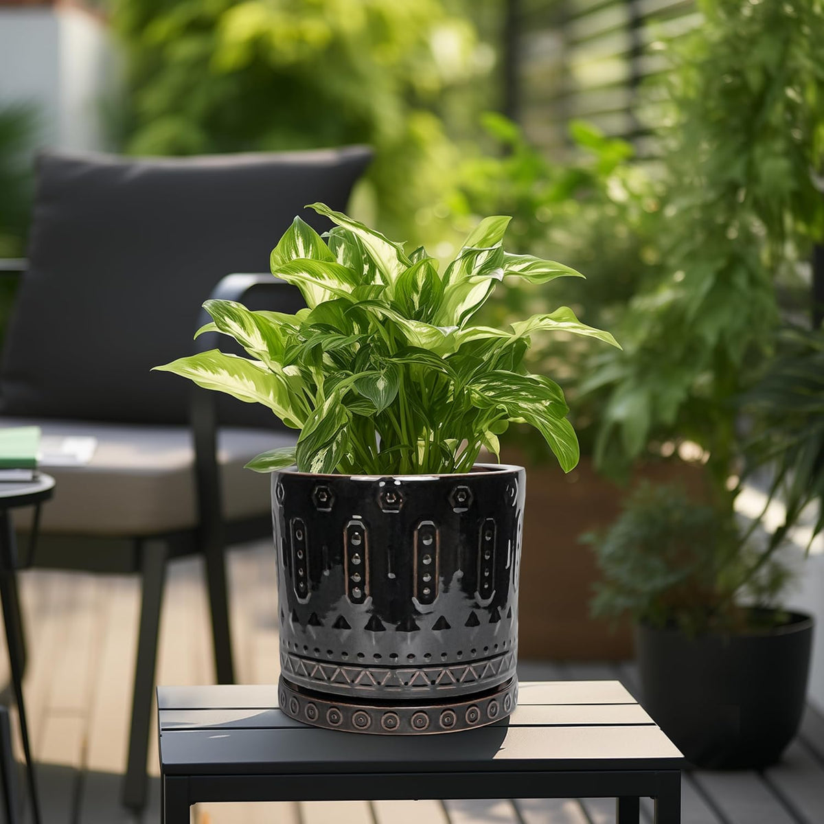 Ceramic Planter for Indoor Plants - 10 Inch Plant Pots with Drainage Hole and Saucer, Round