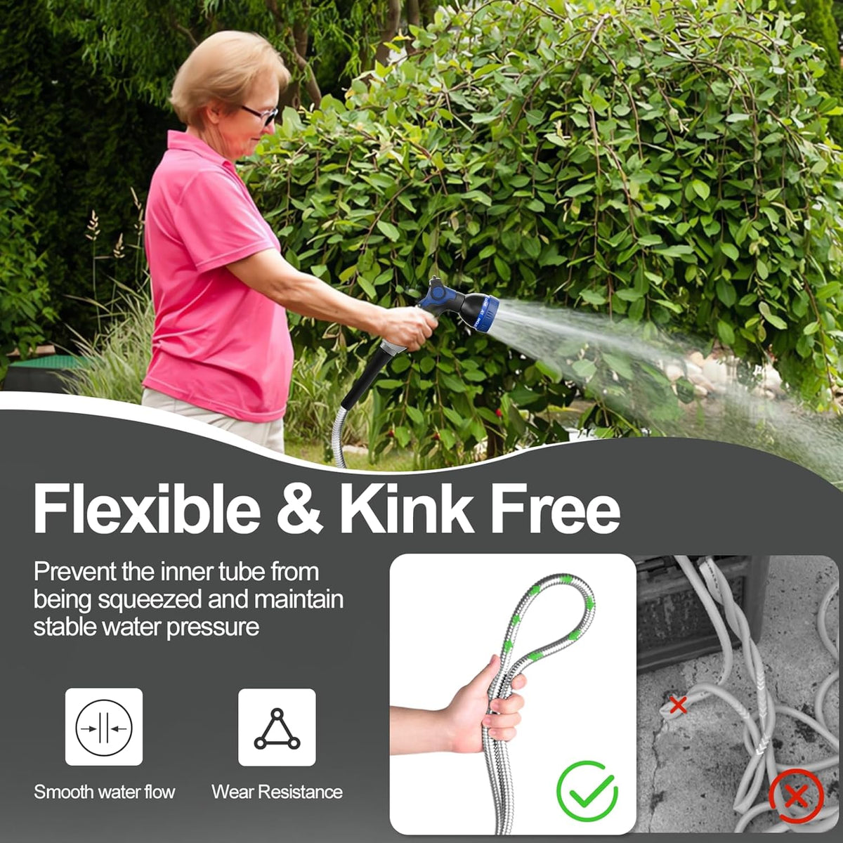 SPECILITE 200ft 304 Stainless Steel Garden Hose Metal, Heavy Duty Water Pipe with Nozzles for Yard