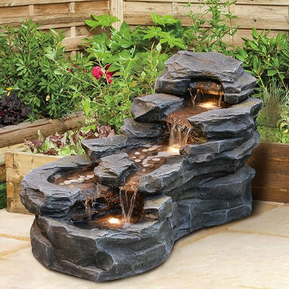 37" L Garden Outdoor Water Fountain, Floor Standing 5-Tiers Rock Natural Waterfall Outdoor