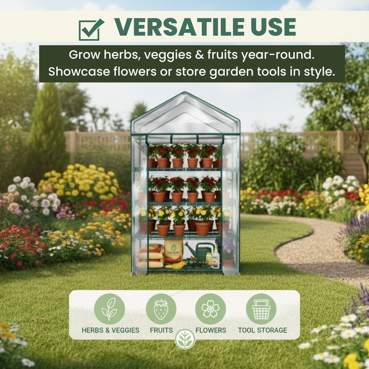 4 Tier Mini Greenhouse - Portable Greenhouse with Locking Wheels and PVC Cover for Indoor or