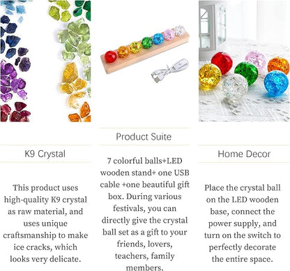 7 Colors 40mm Ice Cracked Balls Crystal Chakra Balls with LED Wooden Base Glass Healing Sphere