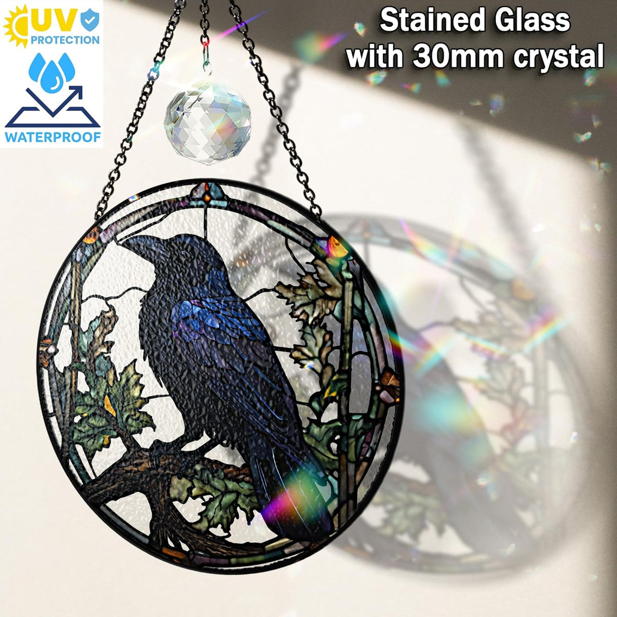 7.8" Crow Stained Glass Suncatchers Art Glass Ravens for Sun Catcher Indoor Gothic Gifts for Pet