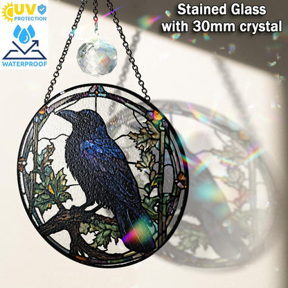 7.8" Crow Stained Glass Suncatchers Art Glass Ravens for Sun Catcher Indoor Gothic Gifts for Pet