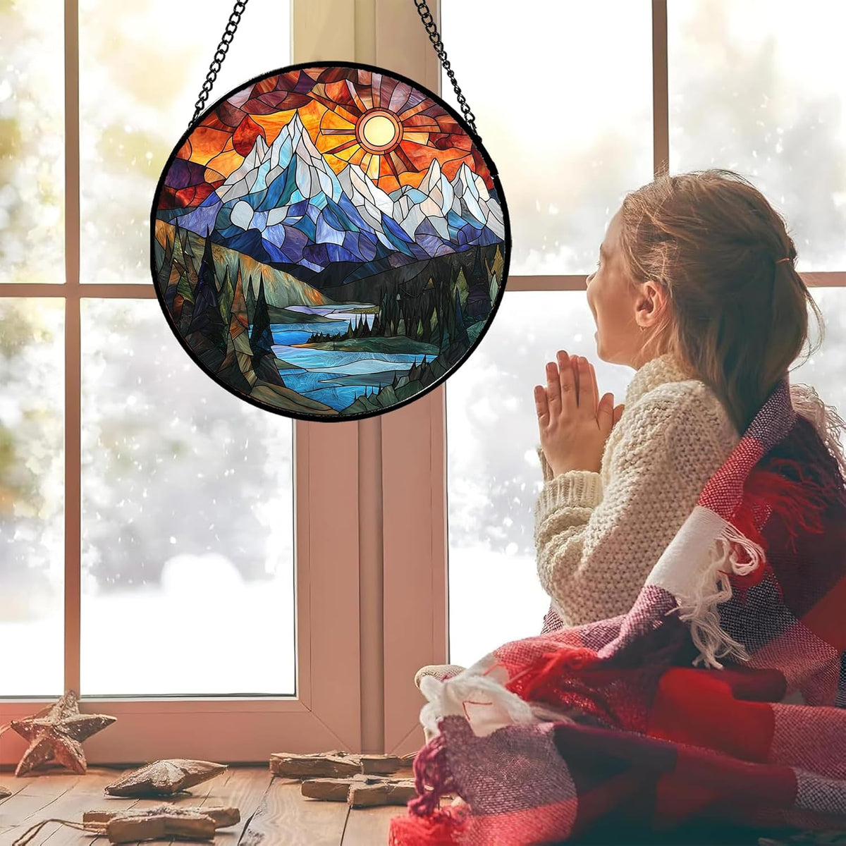 Stained Glass Window Hanging - Colorful Mountain Lake Landscape Sun Catcher for Door Garden Home