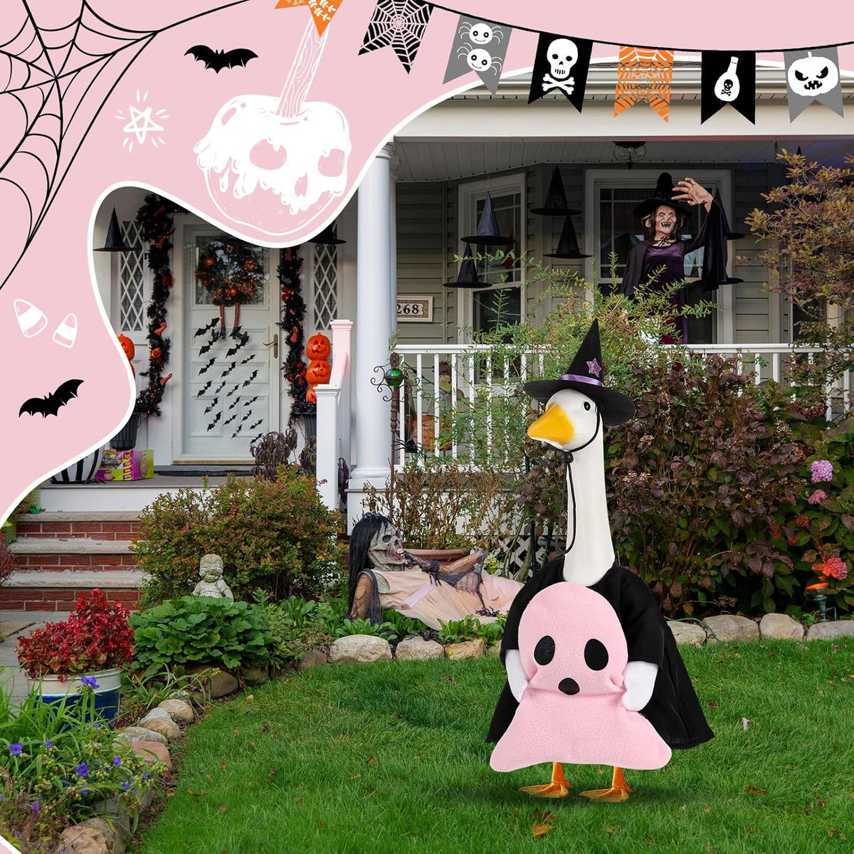 Sanwuta 1 Set Halloween Porch Goose Outfit Pink Ghost Pillow Design with Witch Hat for 23" Lawn