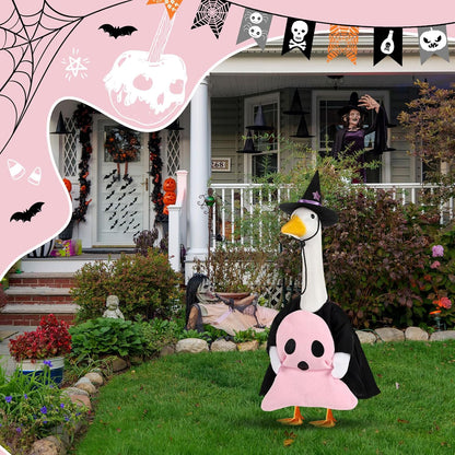 Sanwuta 1 Set Halloween Porch Goose Outfit Pink Ghost Pillow Design with Witch Hat for 23" Lawn