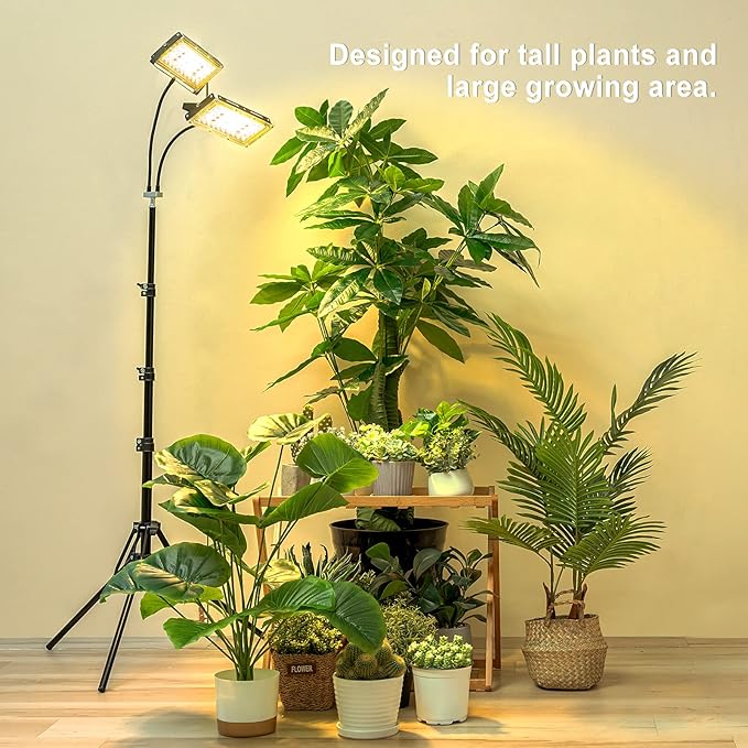 LBW Grow Light for Indoor Plants, Dual Heads Full Spectrum LED, Auto On/Off Timer, 6 Dimmable
