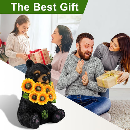ILLUMINEW Solar Garden Lights Outdoor Statues Black Bear with Sunflowers, Sculpture Decor Mother