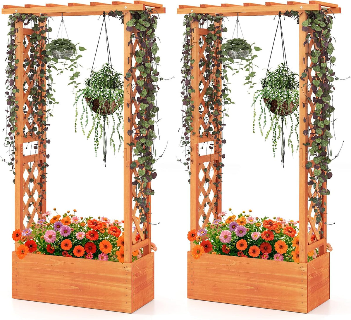 S AFSTAR Raised Garden Bed with Trellis, 2 Pieces Wood Planter Box with Hanging Roof & Drainage