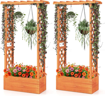S AFSTAR Raised Garden Bed with Trellis, 2 Pieces Wood Planter Box with Hanging Roof & Drainage