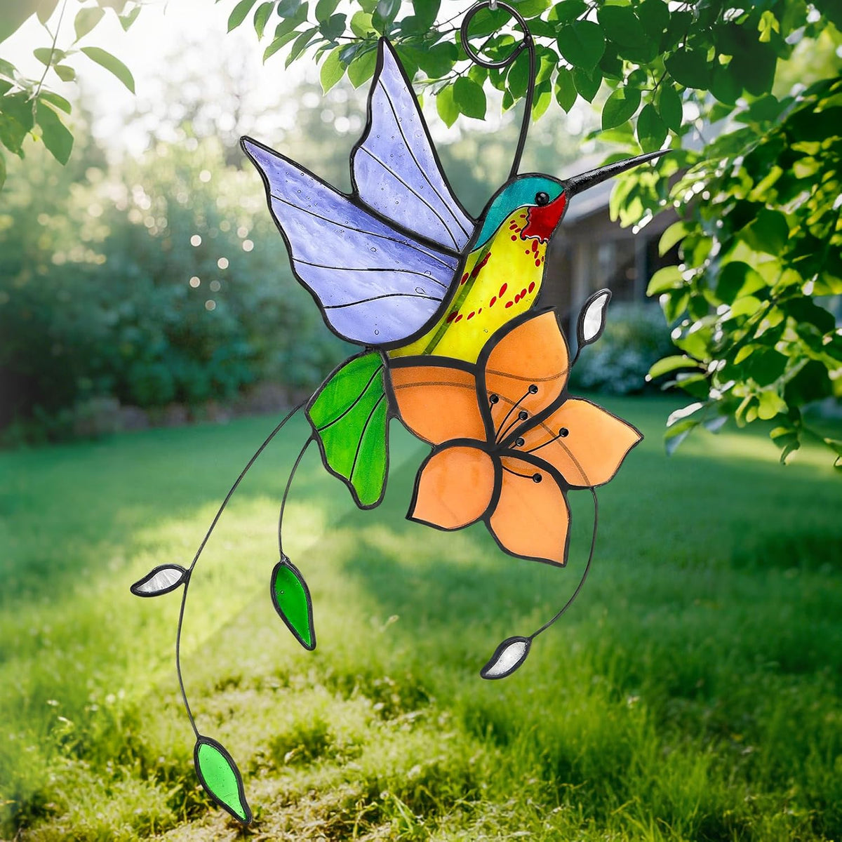 Handmade Stained Glass Hummingbird Suncatcher, Lavender-Purple Bird with Peach-Fuzz Flower Window