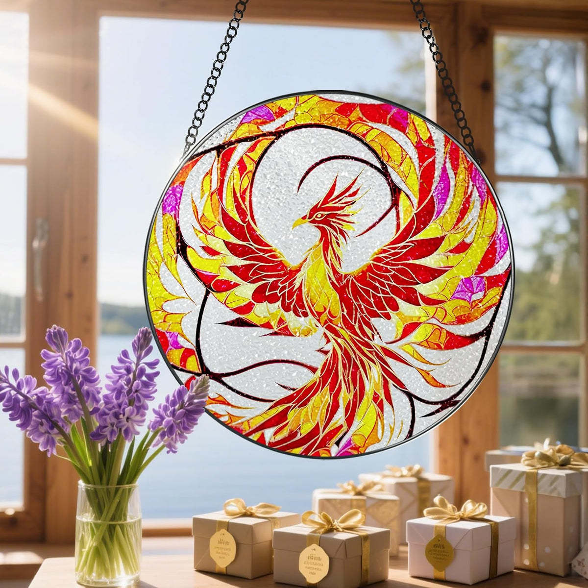 Stained Glass Window Hanging, Stained Glass Suncatcher, Phoenix Sun Catcher, Window Decor, Phoenix