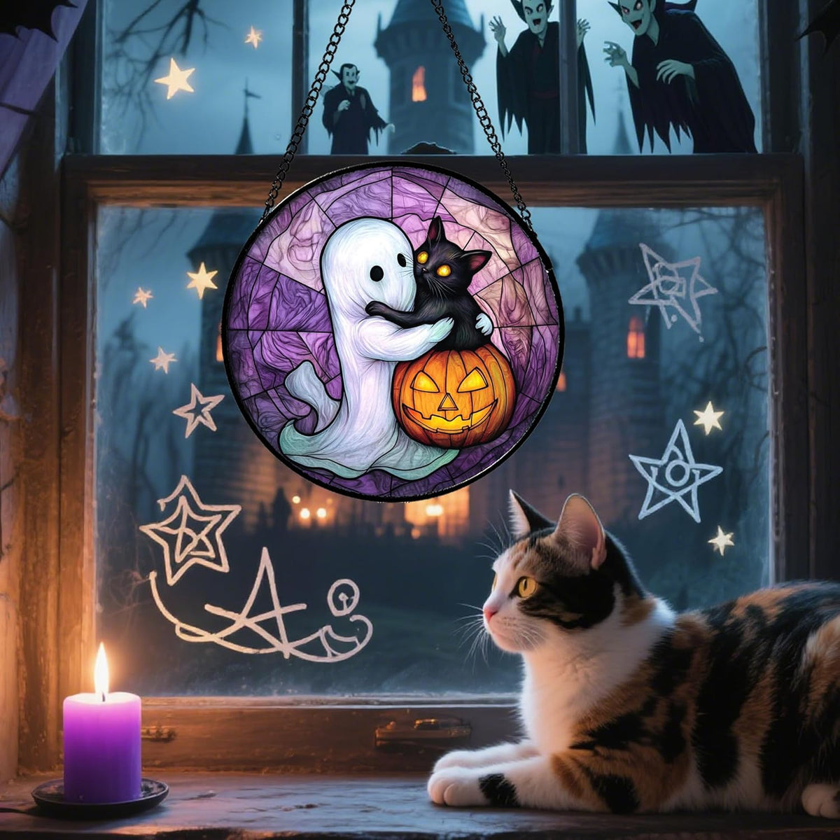 Stained Glass Window Hanging - Halloween Decorations Ghost Black Cat Pumpkin Suncatcher for Door