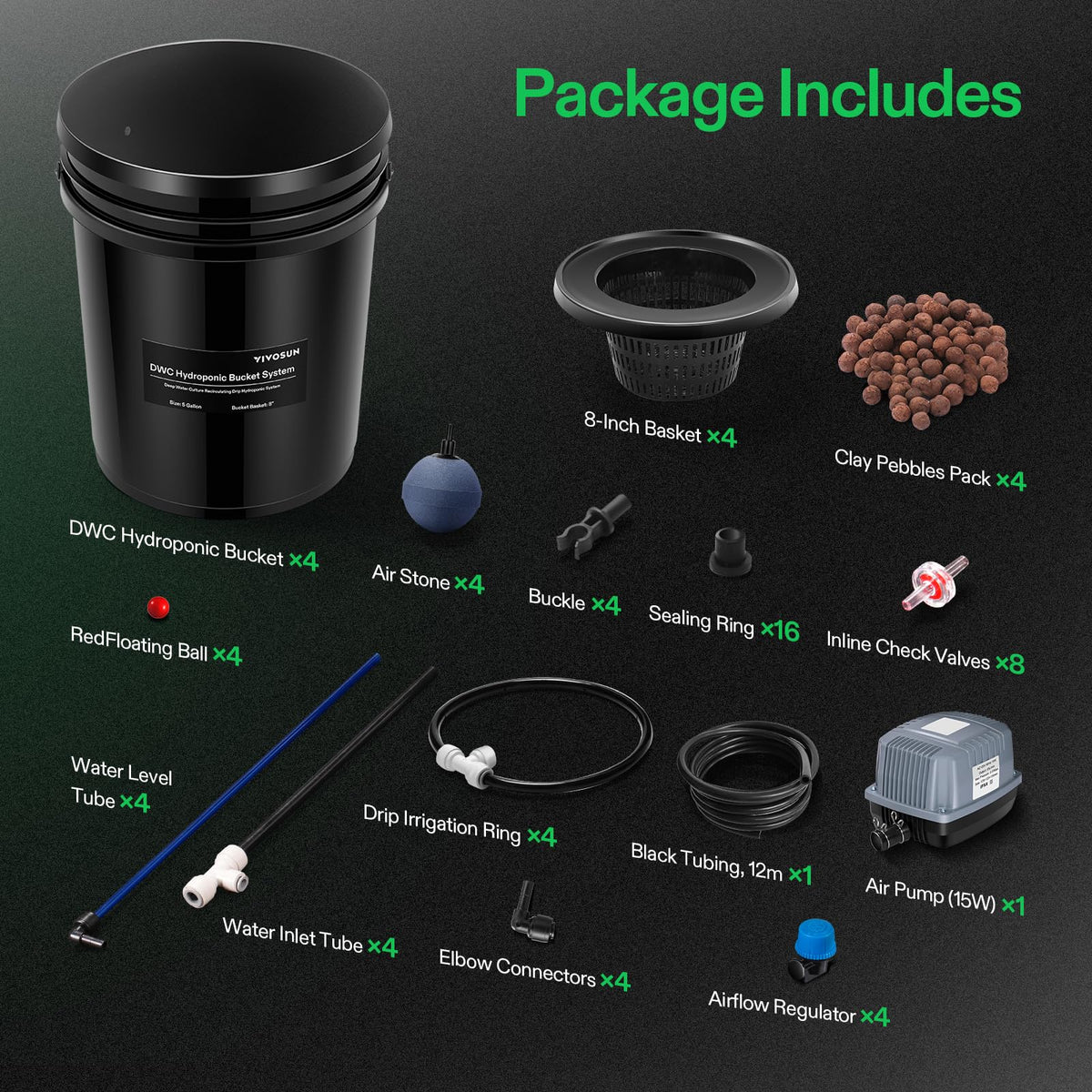VIVOSUN DWC Hydroponics Grow System with Top Drip Kit 4 Buckets