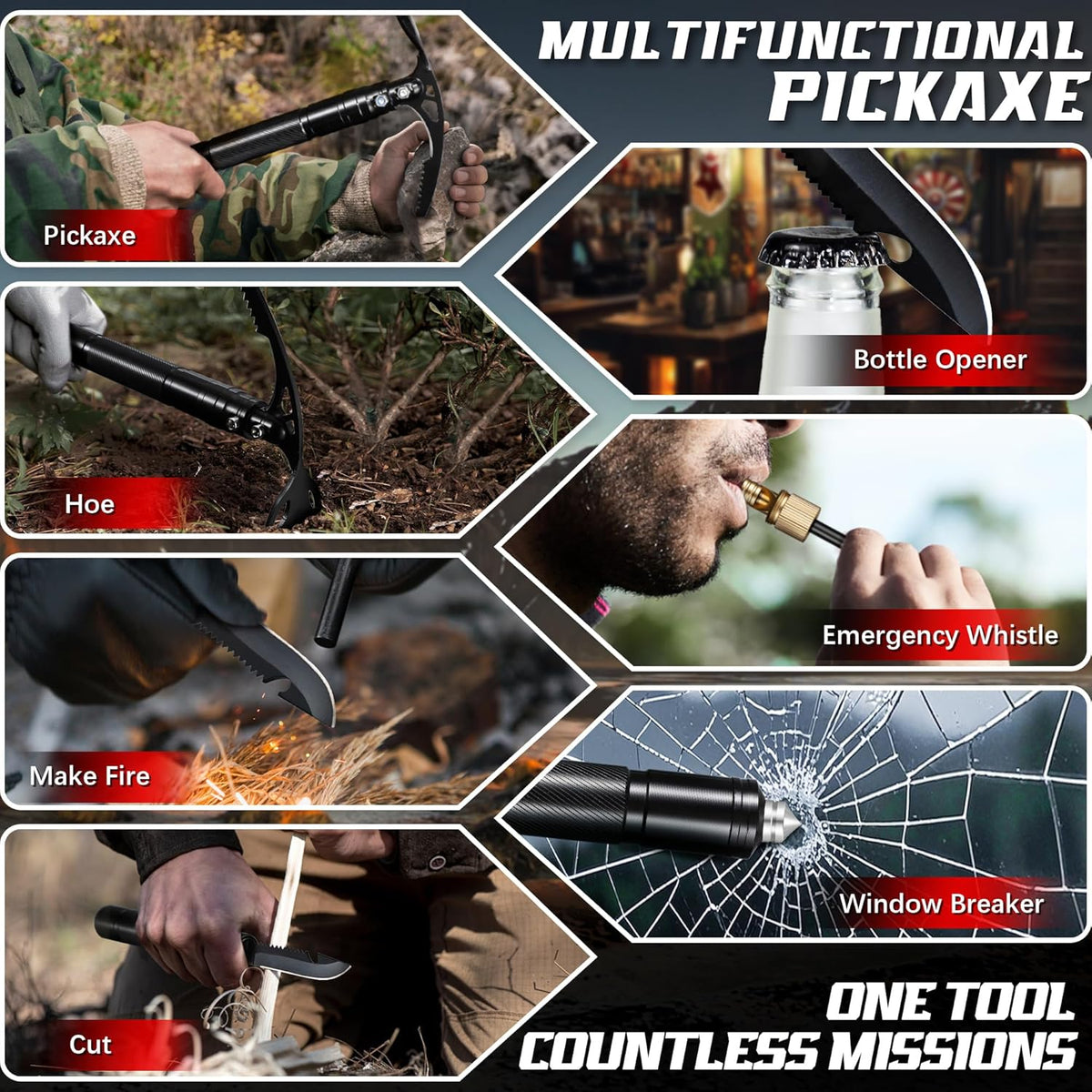 Pick Axe 8 in 1, Folding Pickaxe Mattock with Multi-Purpose Garden Hoe and Survival Knife