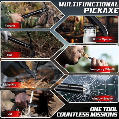 Pick Axe 8 in 1, Folding Pickaxe Mattock with Multi-Purpose Garden Hoe and Survival Knife