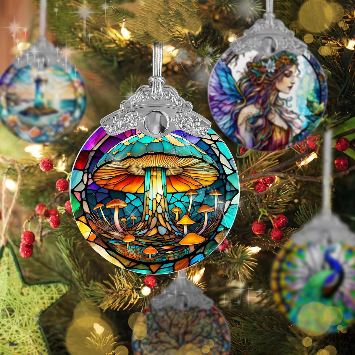 Stained Glass Suncatcher, Jocidea Mushroom Ornament, Christmas Ornaments, Holidays Ornaments