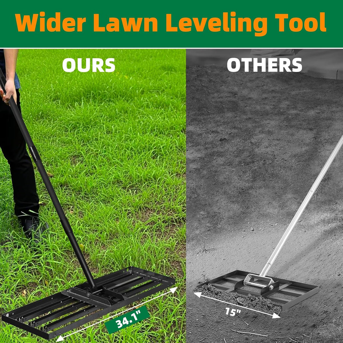 Lawn Leveling rake 34.1"x9.4" Levelawn Tool with 70.5" Adjustable Long Handle Heavy Duty Landscape