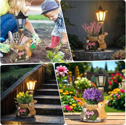 Solar Bunny Garden Stalue Outdoor, Rabbits Figurine Flowerpot Decolwith Solar Lantem for Yard Art