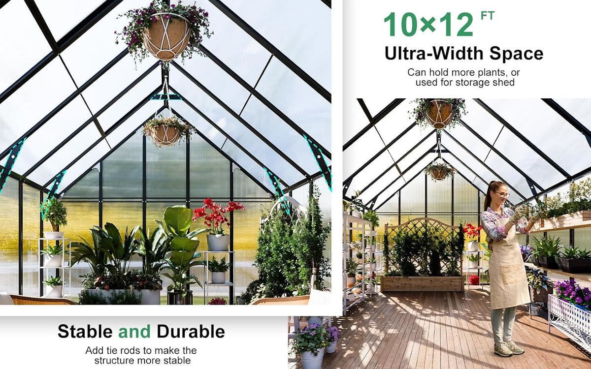 CDCASA 12x10x10 FT Greenhouse for Outdoors, Easy Assembly Large Aluminum Heavy Duty Polycarbonate
